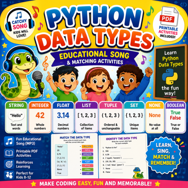 Python Data Types educational song and printable activities learning kit for kids