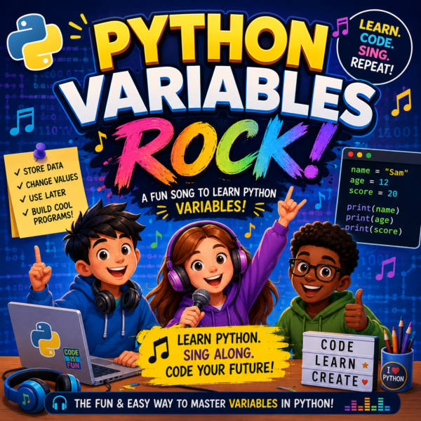 Python Variables Rock learning kit with songs, activities and coding challenge
